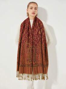 1pc Retro Elegant Versatile Paisley & Pattern Scarf - Burgundy - View 6