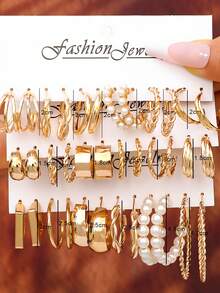 Bộ 16 chiếc/Bộ Hoa tai trái tim hình học đính ngọc trai giả và đá quý cổ điển, phong cách thanh lịch thích hợp để đeo hàng ngày - Vàng - Xem 5