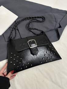 复古时尚新款潮流大容量铆钉镶嵌方形包，轻便个性女士斜挎包 PU 包，秋季 - 黑色 - 查看 6
