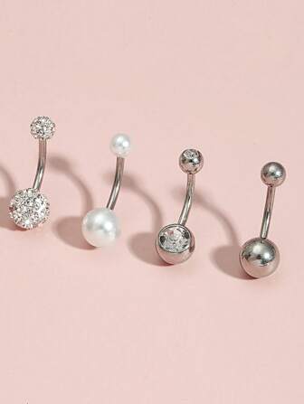 4 Soft Ceramic Full Rhinestone Navel Rings, Horizontal Bars, Simple Navel Rings, Stainless Steel Navel Buckles, Women's Abdominal Navel Nails, Human Puncture Accessories Suitable For Daily Life Wear
