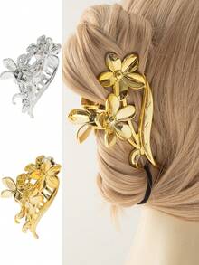 2 件装女士金属花朵和空心发爪夹，休闲简约发型设计，适合日常使用和派对 - 彩色 - 查看 1