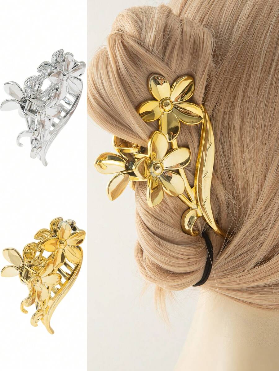 2 件装女士金属花朵和空心发爪夹，休闲简约发型设计，适合日常使用和派对 - 彩色 - 查看 1