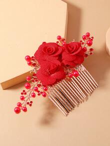 1 chiếc vương miện cô dâu đính ngọc trai giả cổ điển, phụ kiện tóc, dành cho váy cưới - Đỏ - Xem 1