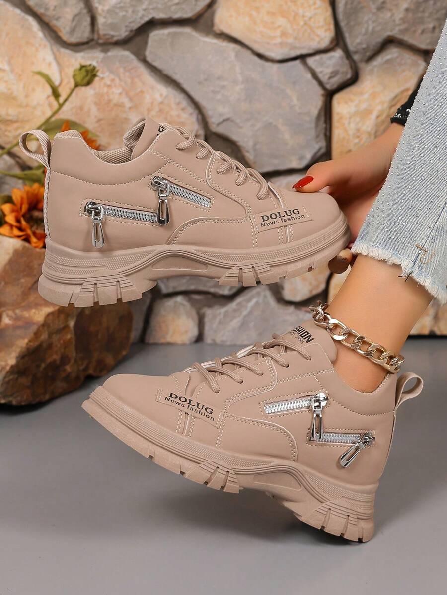 1 Pair Women's Brown Leather Platform Sports Shoes, Front Lace-Up Casual Sneakers With Zipper Decorations, Fashionable Streetwear - Brown - View 1