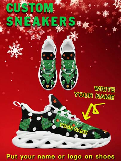 Men's Christmas Custom Logo Custom Name Sneakers, Christmas Tree Designed Name Customization Lightweight Comfortable Soft Bottom Sneakers For Men, Gym Training Breathable Tennis Shoes Christmas Gift For Mom/Dad/Her/Him/Girlfriend/Boyfriend/Wife/Husband/Friend ﻿