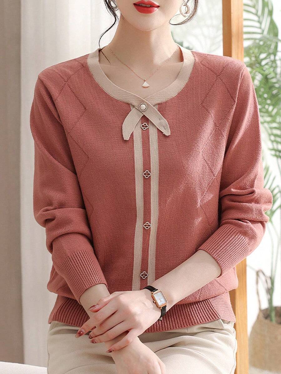 Women's Sweater Round Neck Jacquard Colorblocking Beaded Long Sleeve Knit Top Solid Color Peplum Pullover - trái cam - Xem 1