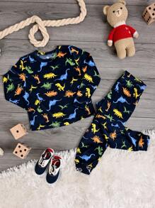 a DORMIR Set de Pijama Azul Estampado De Dinosaurios Camiseta Manga larga y Pantalón Calentita Para Bebé - Azul - Ver 3