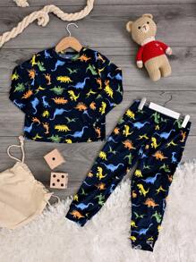 a DORMIR Set de Pijama Azul Estampado De Dinosaurios Camiseta Manga larga y Pantalón Calentita Para Bebé - Azul - Ver 1