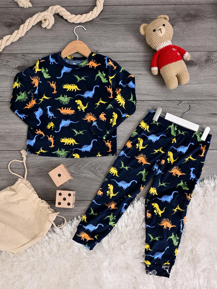 a DORMIR Set de Pijama Azul Estampado De Dinosaurios Camiseta Manga larga y Pantalón Calentita Para Bebé - Azul - Ver 1