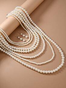 مجموعة قلادة سلسلة السترة الطويلة والأقراط متعددة الطبقات ذات اللؤلؤ الاصطناعي بطراز قديم وبسيط