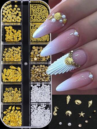 12 Grid 3D Ocean Theme Nail Decoration Pendant Alloy Shell Coconut Tree Seahorse Conch Faux Pearl Mini Caviar Beads Rhinestone 3D Ocean Series Metal Pendant Suitable For Nail Art Jewelry Making Technique Diy Nail Art Jewelry Nail Art Gem Nail Art Supplies Nails Nail Charms Nail Gems