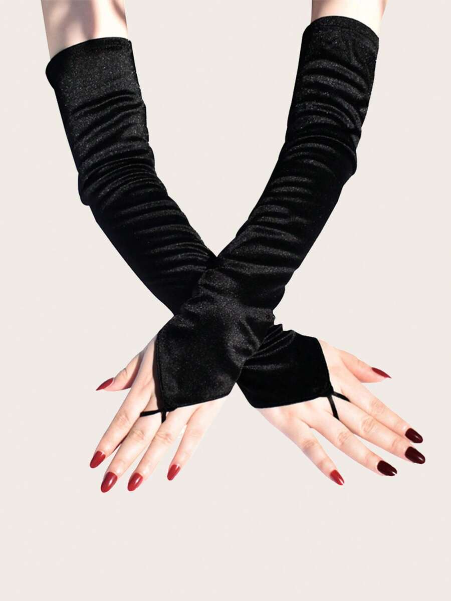 1 đôi Găng tay trang trí tiệc thường ngày cho phụ nữ, Găng tay dài màu trơn, Găng tay ngón tay móc thun mỏng Kiểu dáng thanh lịch Găng tay trang trí thích hợp cho tiệc Opera - Nhiều màu - Xem 1