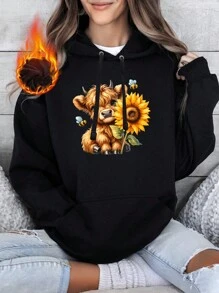 Oversized Style For Women, Watercolor Sunflower Highland Cow Hoodie, Comfortable Long Sleeved Sweatshirt, Unique Design Hoodie, Perfect Gift For Friend, Unisex Hoodie For Man And Women, Gift For Her Or Him, A Double-Layer Hood Hoodie, Fleece Lining For Excellent Warmth - 黑色 - 查看 1