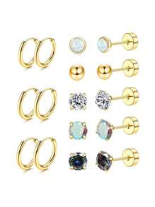 8 Pairs Of Medical Stainless Steel Earrings For Sensitive Ears, Small Opal Balls CZ Flat Back Stud Earrings, Hypoallergenic Hoop Earrings For Men And Women 20G Cartilage Earrings - Earring Set - View 13