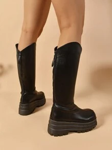 New Plus Size Back Zipper Over-The-Knee Boots For Women, Tall Shaft Knight Boots With Thick Platform Chunky Sole