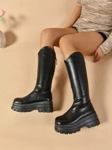 New Plus Size Back Zipper Over-The-Knee Boots For Women, Tall Shaft Knight Boots With Thick Platform Chunky Sole