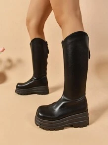 New Plus Size Back Zipper Over-The-Knee Boots For Women, Tall Shaft Knight Boots With Thick Platform Chunky Sole