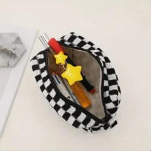 1PC Large Capacity Checkerboard Knitted Pencil Case - Korean Style Dual-Use Stationery/Makeup Bag (Black/Blue/Pink) - Multicolor - View 9