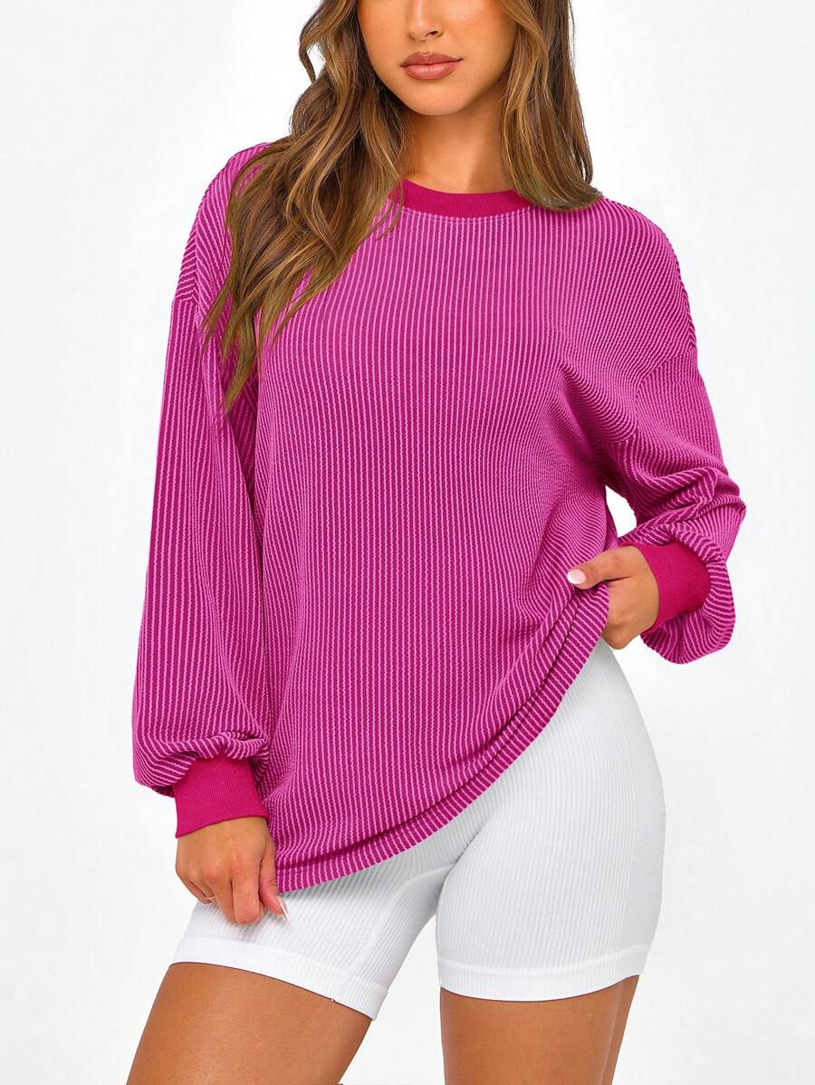 Women's Long Sleeve T-Shirt Autumn Casual Loose Round Neck Ribbed Shirt Belted Top