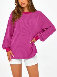 Women's Long Sleeve T-Shirt Autumn Casual Loose Round Neck Ribbed Shirt Belted Top