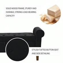 62" Bedroom Tufted Button Storage Bench Modern Fabric Upholstered Ottoman Window Bench Rolled Arm Design For Bedroom Living Room Foyer Black - Black + Fabric + Foam as Pic - View 6