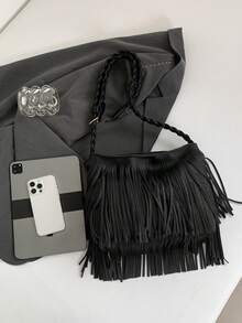 秋冬复古时尚包包女2024新款韩版流苏小方包高档针织肩带简约单肩包 - 黑色 - 查看 4