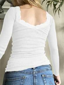 Women's Y2K Lace Trim Crew Neck Knit Long Sleeve Top, Casual & Sexy, Suitable For Back To School Season, Autumn White Spring - White - View 2