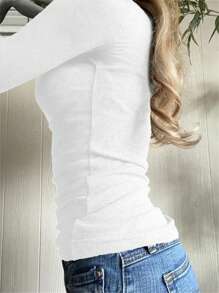 Women's Y2K Lace Trim Crew Neck Knit Long Sleeve Top, Casual & Sexy, Suitable For Back To School Season, Autumn White Spring - White - View 3