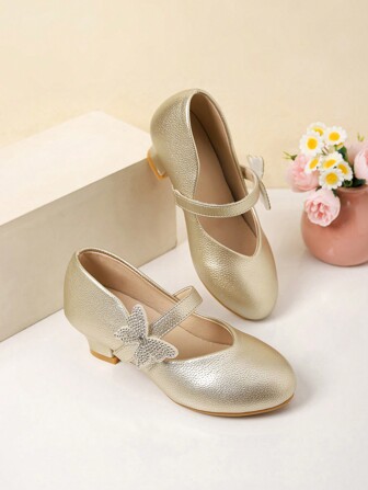 Edición limitada de Año Nuevo 2025 Zapatos de tacón alto de estilo princesa con lentejuelas doradas para desfiles de moda, uso diario, estudiantes, combinados con vestidos de fiesta, adecuados para otoño e invierno, zapatos de tacón alto para niños con decoración de lazos de lentejuelas doradas, zapatos de tacón alto para adolescentes