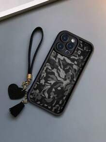 1pc Black Camouflage Painted Stylish Textured Anti-Falling Phone Case, Includes New Leather Heart Strap DIY Phone Hanging Decoration Tassel Wrist Strap, Compatible With Iphone, Compatible With Redmi - Multicolor - View 1