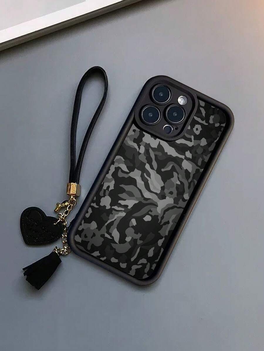 1pc Black Camouflage Painted Stylish Textured Anti-Falling Phone Case, Includes New Leather Heart Strap DIY Phone Hanging Decoration Tassel Wrist Strap, Compatible With Iphone, Compatible With Redmi - Multicolor - View 1
