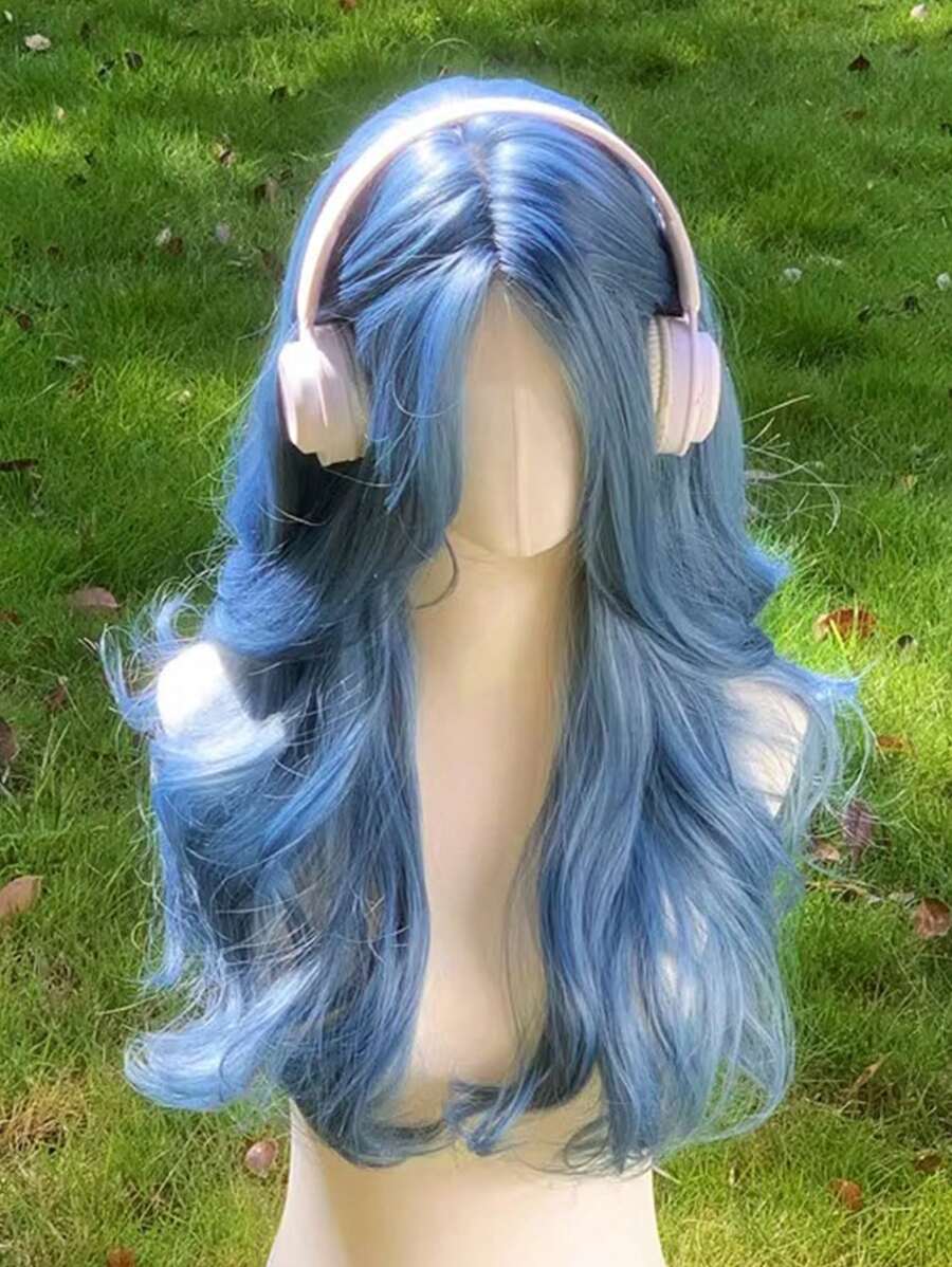 22 Inch Navy Blue Synthetic Wig, Medium Length Natural Wavy Curly Hair, Suitable For Female Cosplay, Costume Parties, And Heat Resistant