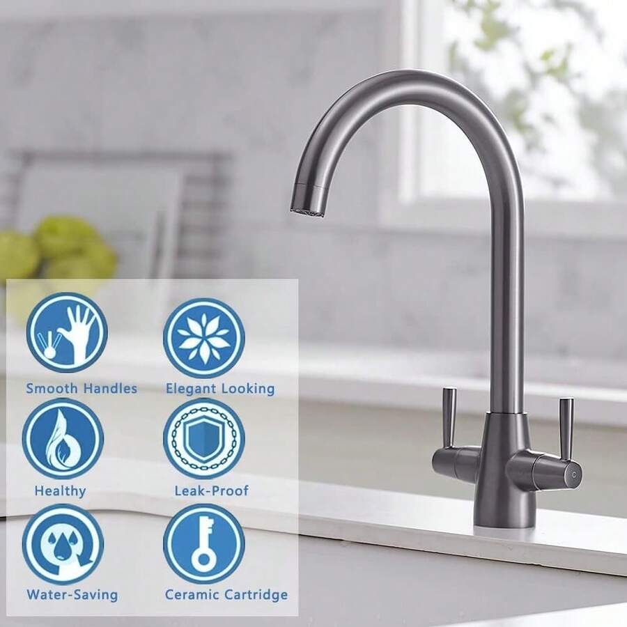 Kitchen Mixer Tap Dual Lever Swivel Spout Grey Sink Taps With UK