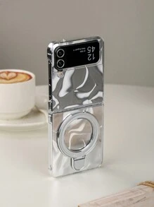 Magnetic Ring For Phone Case 1pc Laser Shiny Ripple Cardboard Metal Round Stand Foldable Phone Case Compatible With Galaxy Z Flip3 5G, Galaxy Z Flip4 5G, Galaxy Z Flip5 5G, Galaxy Z Flip6 5G - Clear - View 1