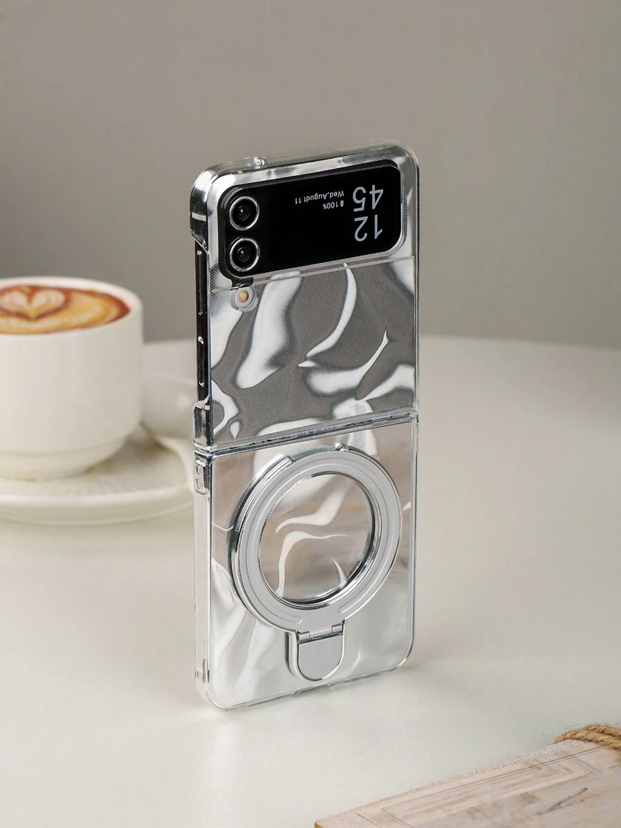 Magnetic Ring For Phone Case 1pc Laser Shiny Ripple Cardboard Metal Round Stand Foldable Phone Case Compatible With Galaxy Z Flip3 5G, Galaxy Z Flip4 5G, Galaxy Z Flip5 5G, Galaxy Z Flip6 5G - Clear - View 1