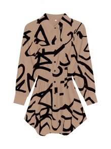 Women's Fashion Collared Dress Casual Loose Fit Pleats Random Floral Print Long Sleeve Shirt Dress For Spring/Summer - Black Geometric Figure - View 4