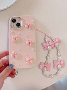 Ốp điện thoại đính ngọc trai nơ 3D màu hồng dễ thương tương thích với iPhone 16 15 14 13 12 Pro Max 11 Vỏ bảo vệ mạ hoạt hình có dây xích ngọc trai nơ - Màu Hồng baby - Xem 2
