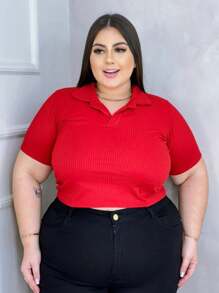 Plus Size Ribbed Polo Neck Crop Top - Red - View 1