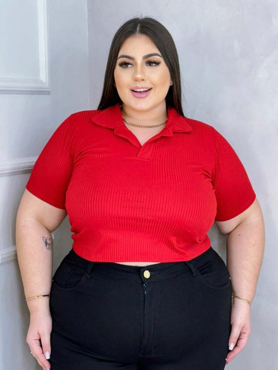 Plus Size Ribbed Polo Neck Crop Top - Red - View 1