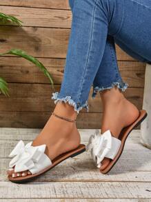 1 Pair Black Flat Slide Sandals With Bow Decor, Round Toe Open Toe Non-Slip Bottom, Stylish & Comfortable Roman Slippers, Suitable For Indoor Casual Gatherings