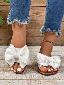 1 Pair Black Flat Slide Sandals With Bow Decor, Round Toe Open Toe Non-Slip Bottom, Stylish & Comfortable Roman Slippers, Suitable For Indoor Casual Gatherings