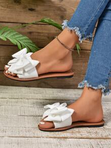 1 Pair Black Flat Slide Sandals With Bow Decor, Round Toe Open Toe Non-Slip Bottom, Stylish & Comfortable Roman Slippers, Suitable For Indoor Casual Gatherings