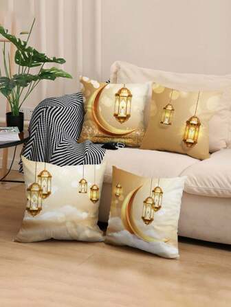 1/4 件斋月金月灯笼印花枕套（不包括枕芯），伊斯兰风格靠垫客厅沙发枕套，适用于客厅沙发、卧室，四季通用，家居装饰，斋月吉祥，开斋节快乐，斋月快乐