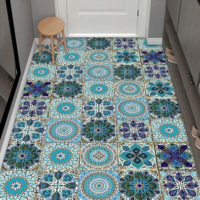 10pcs Self-Adhesive PVC Decorative Floor Stickers, 2D Flat Green Mandala Pattern Wall Stickers, Wallpaper, Tile Stickers, Suitable For Kitchen, Living Room, Bathroom, Bedroom And Other Home Decor