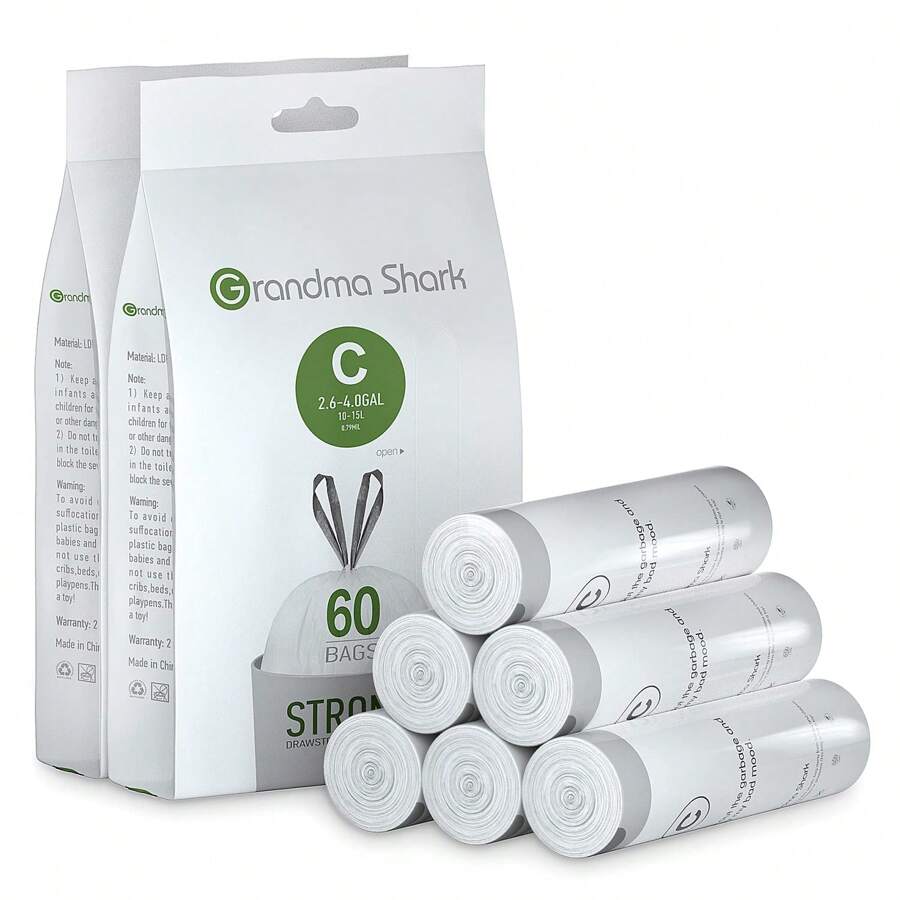 GRANDMA SHARK Bin Bags Liners Drawstring Trash Bag, Handle Waste Bags, Garbage Bag, Super Strong, Anti-Drip Unscented