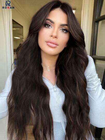 Peruca longa ondulada com renda na testa anterior, peruca com divisão central, renda em formato de testa anterior 4*1 marrom escuro 26 polegadas, peruca semi-tecida diária, natural, lisa e realista (excluindo acessórios)