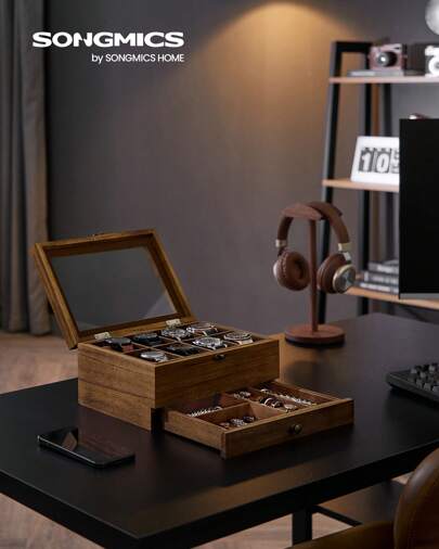 SONGMICS Porta Orologi a 8 Scomparti, Scatola Portaorologi a 2 Livelli, Coperchio in Vetro, con Cuscinetti, Fodera in Velluto, Idea Regalo, Noce Rustico, Regalo Natale