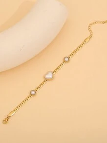 Freegrow 1pc Faux Pearl & Heart Shaped Charm Stainless Steel Bracelet Suitable For Women's Daily Wear Valentines