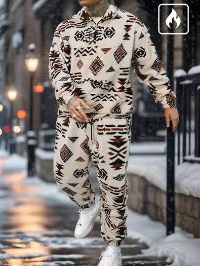 2pcs Men's Fleece Sweatsuit Set, Includes Casual Print Sweatshirt And Regular Fit Pants, Suitable For Autumn/Winter