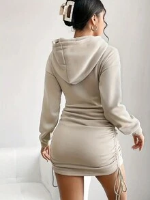 Letter Graphic Long-Sleeved Drawstring Side Hooded Mini Dress - Apricot - View 2